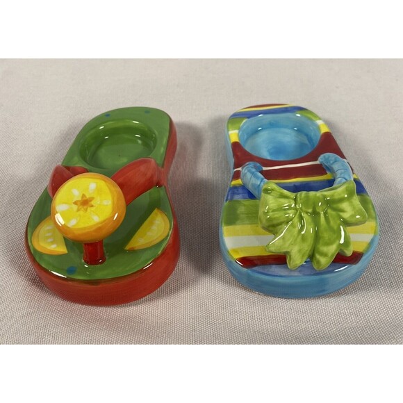 New Two Porcelain Tea Light Candle Holders Flip Flop Shape Nantucket Home - Picture 3 of 5